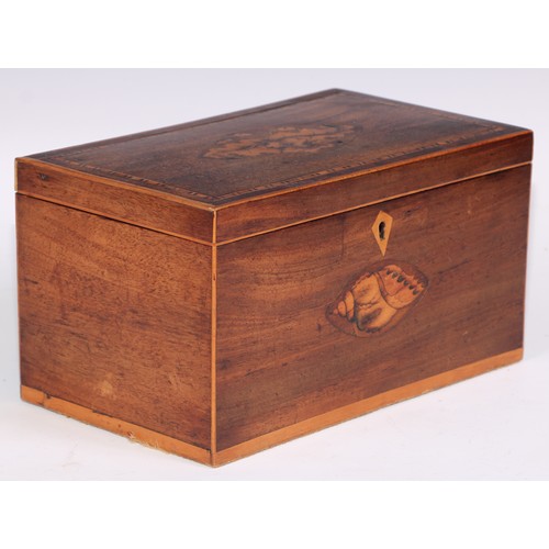 1780 - A George III mahogany and marquetry rectangular tea caddy, inlaid with fruiting oak and shell patera... 