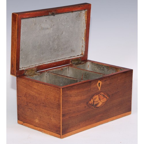 1780 - A George III mahogany and marquetry rectangular tea caddy, inlaid with fruiting oak and shell patera... 