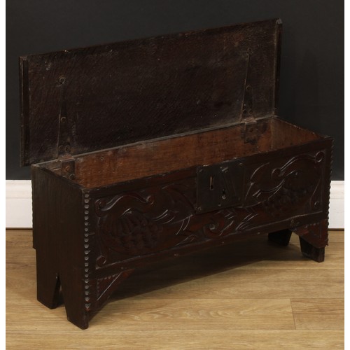 1834 - A small ‘18th century’ oak six plank chest, of child’s coffer proportions, hinged top, the front car... 