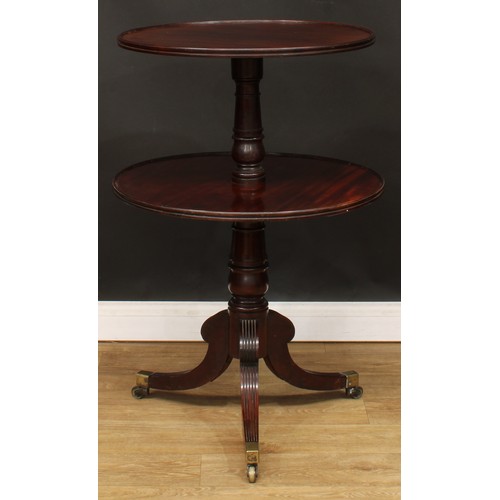 1769 - A Regency mahogany two-tier dumbwaiter, circular plateaux, turned pillar, reeded sabre legs, brass c... 