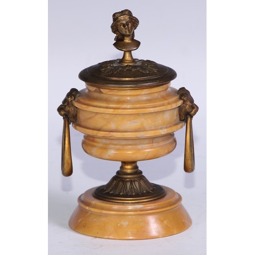 1618 - A 19th century Grand Tour Sienna marble and gilt bronze inkwell, portrait bust finial, lion mask loo... 