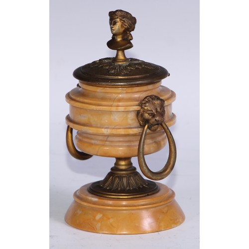 1618 - A 19th century Grand Tour Sienna marble and gilt bronze inkwell, portrait bust finial, lion mask loo... 