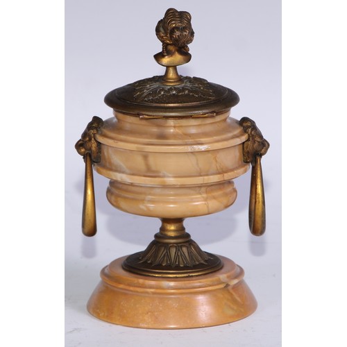 1618 - A 19th century Grand Tour Sienna marble and gilt bronze inkwell, portrait bust finial, lion mask loo... 