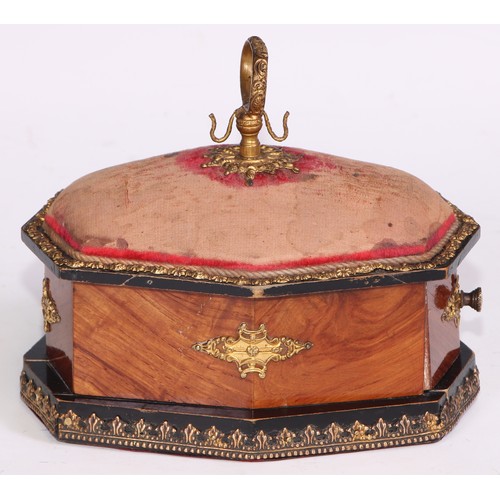 1396 - A 19th century French Palais Royal gilt metal mounted kingwood lozenge shaped work box, pin cushion ... 