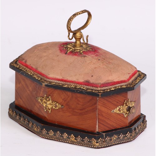 1396 - A 19th century French Palais Royal gilt metal mounted kingwood lozenge shaped work box, pin cushion ... 