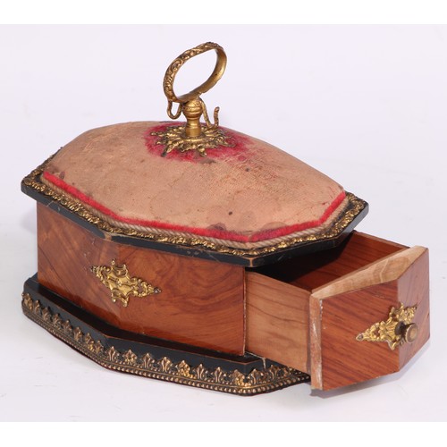 1396 - A 19th century French Palais Royal gilt metal mounted kingwood lozenge shaped work box, pin cushion ... 