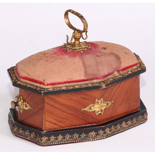 1396 - A 19th century French Palais Royal gilt metal mounted kingwood lozenge shaped work box, pin cushion ... 