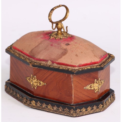 1396 - A 19th century French Palais Royal gilt metal mounted kingwood lozenge shaped work box, pin cushion ... 