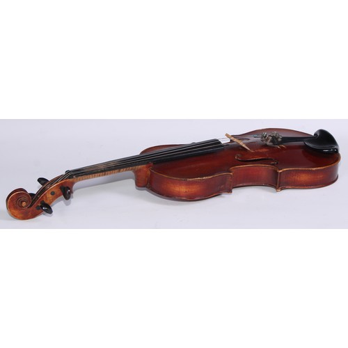 1369 - A violin, the one piece back 33.75cm long excluding button, outlined throughout with purfling, Strad... 