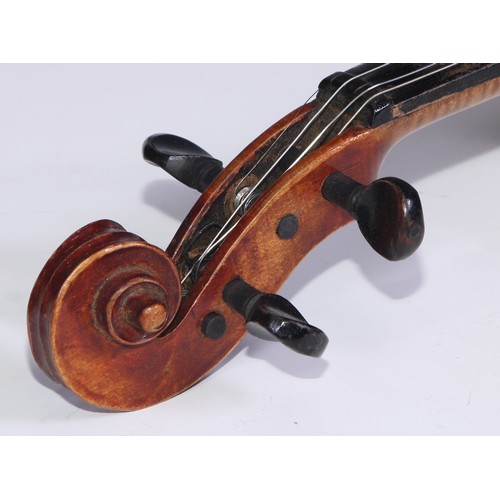 1369 - A violin, the one piece back 33.75cm long excluding button, outlined throughout with purfling, Strad... 