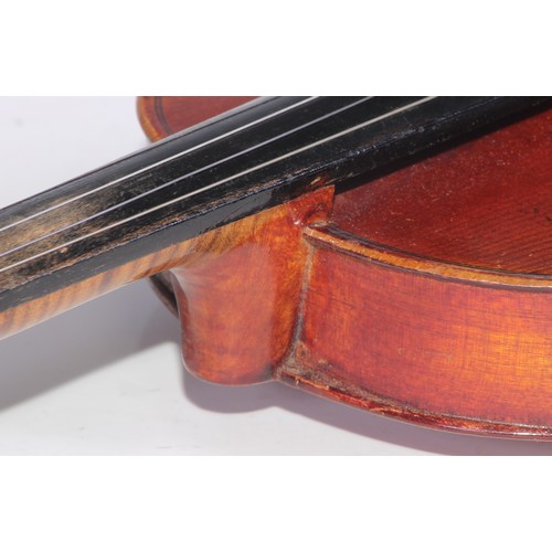 1369 - A violin, the one piece back 33.75cm long excluding button, outlined throughout with purfling, Strad... 