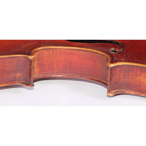 1369 - A violin, the one piece back 33.75cm long excluding button, outlined throughout with purfling, Strad... 