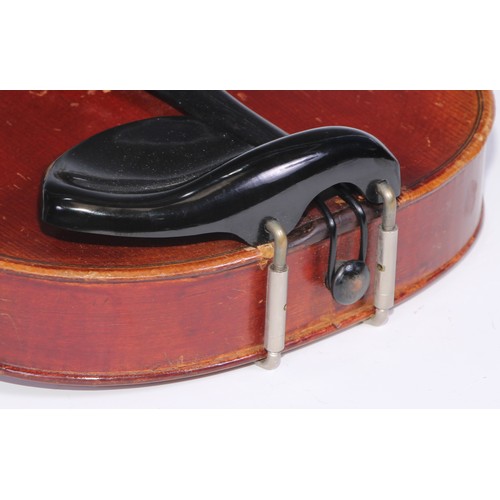 1369 - A violin, the one piece back 33.75cm long excluding button, outlined throughout with purfling, Strad... 