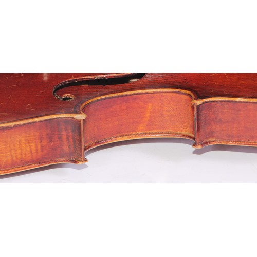 1369 - A violin, the one piece back 33.75cm long excluding button, outlined throughout with purfling, Strad... 