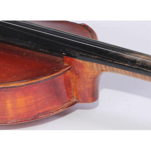 1369 - A violin, the one piece back 33.75cm long excluding button, outlined throughout with purfling, Strad... 