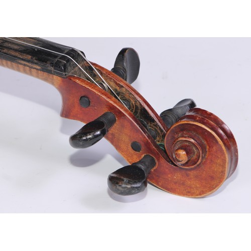 1369 - A violin, the one piece back 33.75cm long excluding button, outlined throughout with purfling, Strad... 