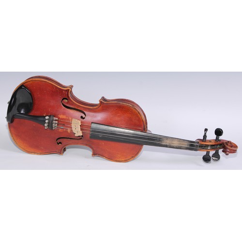 1369 - A violin, the one piece back 33.75cm long excluding button, outlined throughout with purfling, Strad... 