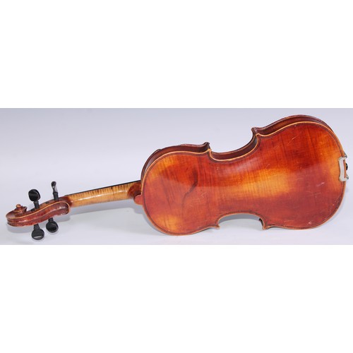 1369 - A violin, the one piece back 33.75cm long excluding button, outlined throughout with purfling, Strad... 