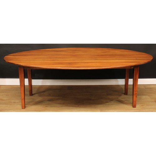 1613 - A George III style cherry wake table, oval top with fall leaves, tapered square legs, 77cm high, 228... 