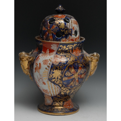 518 - A Davenport ironstone ovoid pot pourri vase, pierced domed cover, painted in the Imari palette and p... 