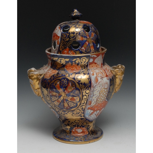 518 - A Davenport ironstone ovoid pot pourri vase, pierced domed cover, painted in the Imari palette and p... 