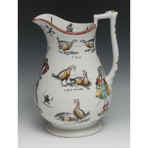 537 - Cock Fighting - an Elsmore and Forster puzzle jug, transfer printed with harlequins, A Set To, A Kno... 