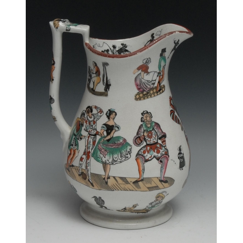 537 - Cock Fighting - an Elsmore and Forster puzzle jug, transfer printed with harlequins, A Set To, A Kno... 