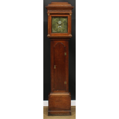 2131 - An 18th century oak cased longcase clock, 28cm square brass dial inscribed W Barnard, Newark, 974, R... 