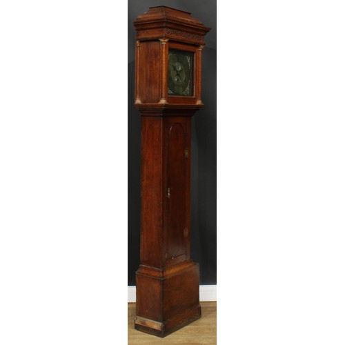 2131 - An 18th century oak cased longcase clock, 28cm square brass dial inscribed W Barnard, Newark, 974, R... 