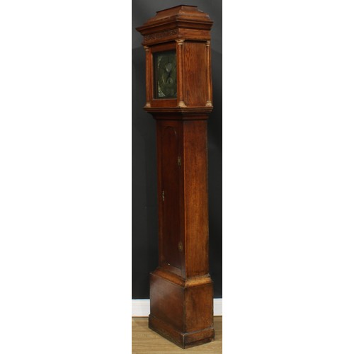 2131 - An 18th century oak cased longcase clock, 28cm square brass dial inscribed W Barnard, Newark, 974, R... 