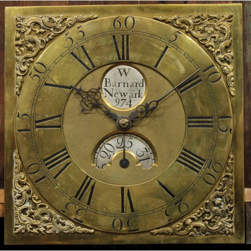 2131 - An 18th century oak cased longcase clock, 28cm square brass dial inscribed W Barnard, Newark, 974, R... 