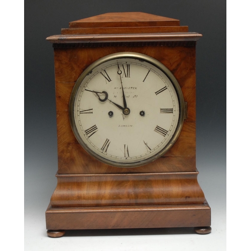 1829 - A post-Regency flame mahogany bracket clock, 20cm circular painted dial inscribed Hy Banister Late G... 