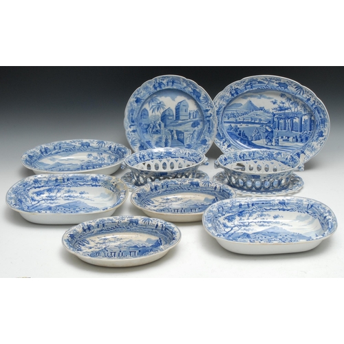 523 - A pair of Spode blue and white pierced oval chestnut baskets on stands, printed with  Sarcophagi at ... 