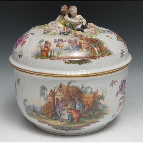 994 - A Dresden porcelain punch bowl and cover, painted with Watteauesque scenes and flower sprays, ozier-... 