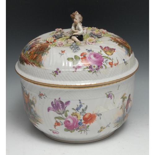 994 - A Dresden porcelain punch bowl and cover, painted with Watteauesque scenes and flower sprays, ozier-... 