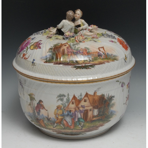 994 - A Dresden porcelain punch bowl and cover, painted with Watteauesque scenes and flower sprays, ozier-... 