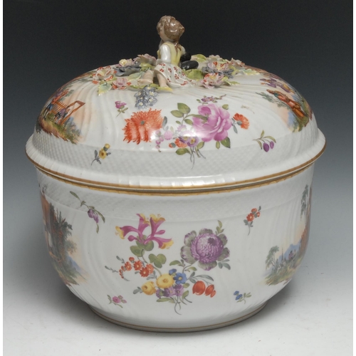 994 - A Dresden porcelain punch bowl and cover, painted with Watteauesque scenes and flower sprays, ozier-... 