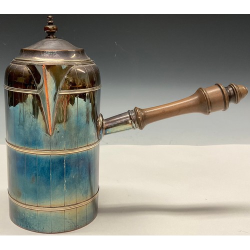 28 - A George III Old Sheffield Plate faux coopered side-handled coffee pot, turned fruitwood handle, 20c... 