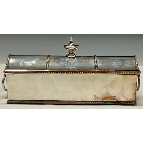 57 - A George III Old Sheffield Plate treasury inkstand, hinged serpentine cover with urnular finial, enc... 