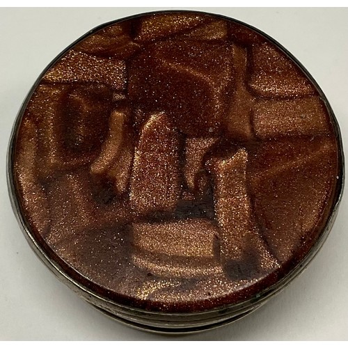 1283 - An 18th century goldstone mounted circular snuff box, Old Sheffield Plate base, 4cm diam, c.1770; ot... 