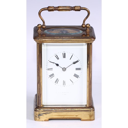 1825 - A late 19th century lacquered brass carriage clock, 5.5cm dial inscribed with Roman numerals, eight ... 