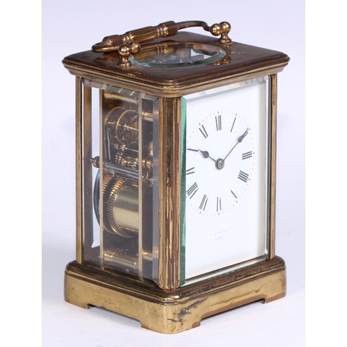 1825 - A late 19th century lacquered brass carriage clock, 5.5cm dial inscribed with Roman numerals, eight ... 