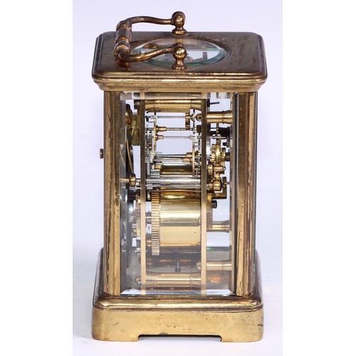 1825 - A late 19th century lacquered brass carriage clock, 5.5cm dial inscribed with Roman numerals, eight ... 