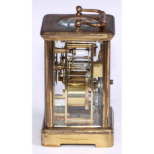 1825 - A late 19th century lacquered brass carriage clock, 5.5cm dial inscribed with Roman numerals, eight ... 