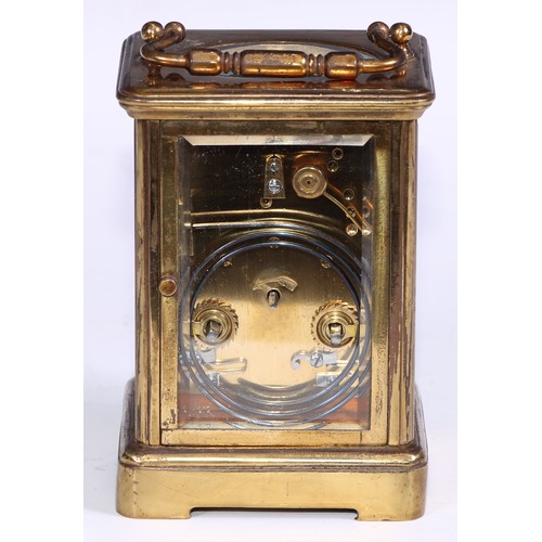 1825 - A late 19th century lacquered brass carriage clock, 5.5cm dial inscribed with Roman numerals, eight ... 