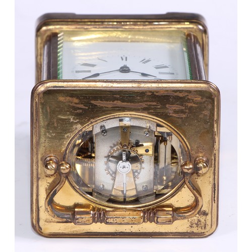 1825 - A late 19th century lacquered brass carriage clock, 5.5cm dial inscribed with Roman numerals, eight ... 