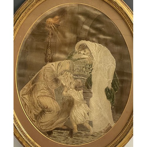 1350 - A 19th century silk needlework picture, Andromache weeping over Hector's urn, oval, 31cm x 26cm, fra... 