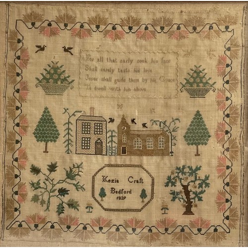 1359 - An early Victorian needlework sampler, embroidered by Kezia Craft, Bedford 1839, with verse, church,... 