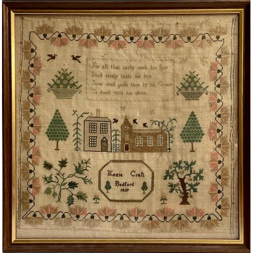 1359 - An early Victorian needlework sampler, embroidered by Kezia Craft, Bedford 1839, with verse, church,... 