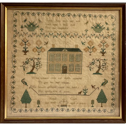 1358 - An early Victorian needlework sampler, embroidered by Kezia Craft, 1838, with verse, house, trees an... 